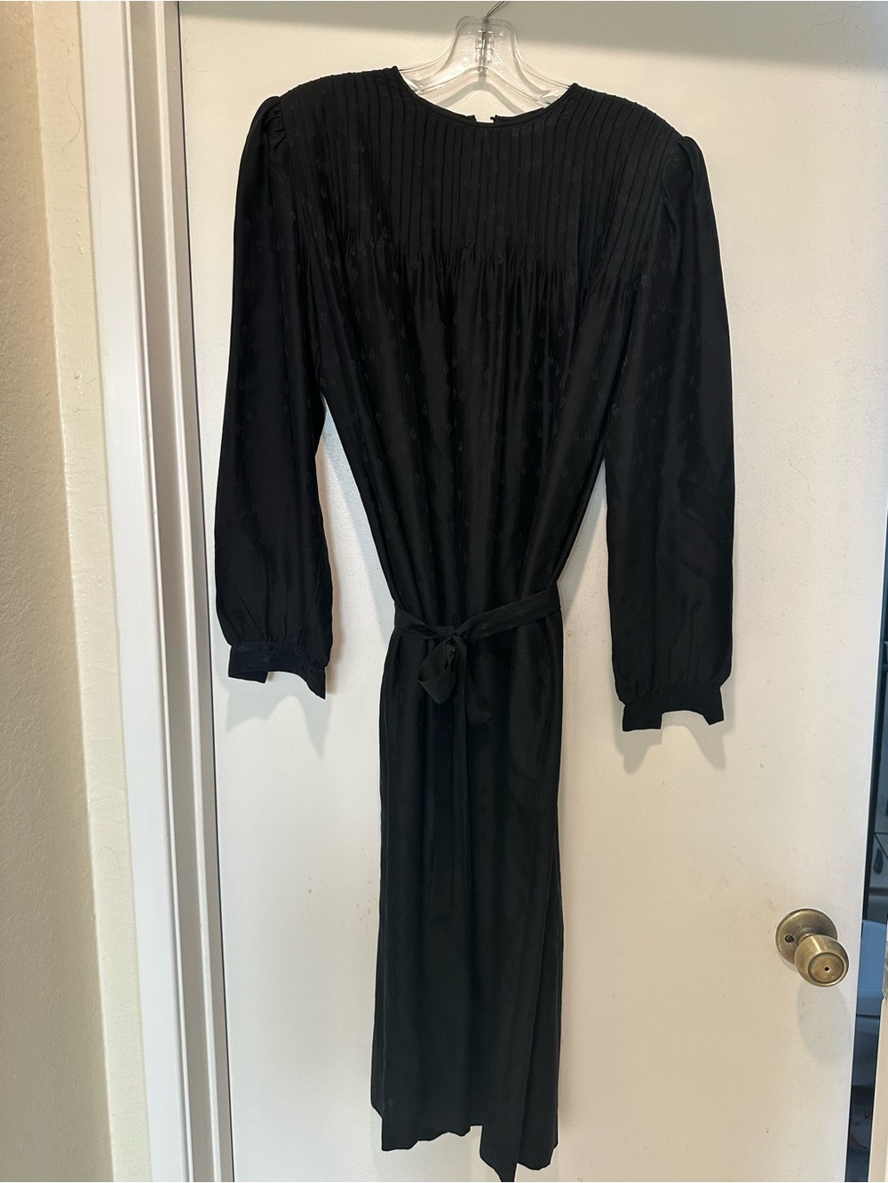 Vintage Stanley Sherman Silk Black Midi Dress w Waist Tie & Pleated Top Size 8